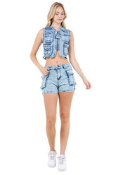 Denim Zip Crop Vest With Shorts Set By Claude BLUE L